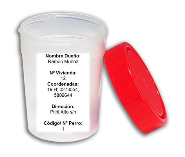 Figura 2: Frasco plástico de tapa rosca con datos de recolección rotulados Si se toman heces secas, recoger toda la deposición.