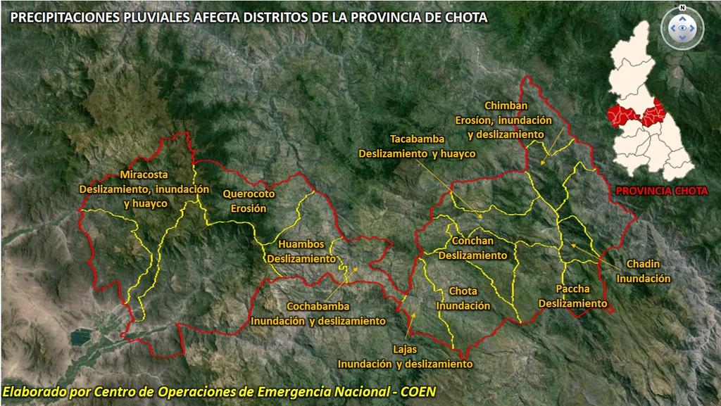 Distrito de Querocoto: erosión o Localidad: Querocoto. Distrito de Miracosta: deslizamiento, inundación y huayco. o Localidades: Miracosta. Distrito de Huambos: deslizamiento. o Localidades: Huambos.