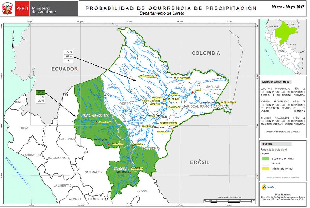 PRONOSTICOS CLIMATICOS PRONOSTICO DE PRECIPITACIONES Para el trimestre de marzo - mayo 2017, se prevé que por la parte Sur (Contamana y Requena), Oeste (Borja y San Lorenzo) y Suroeste (Yurimaguas)
