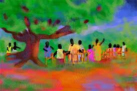 En África, el árbol palaver es un árbol grande a cuya sombra la comunidad se reúne para discutir asuntos,