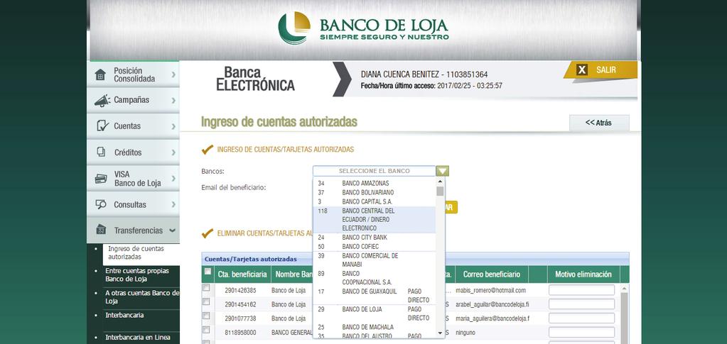 1.1 INGRESO 1. Ingresar a la página www.bancodeloja.fin.ec, e ingresar a Banca Personas, utilizando su usuario y clave de acceso. 1.2 REGISTRO DE DATOS (CUENTA DE DINERO ELECTRÓNICO) 1.