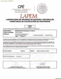 Federal de Electricidad (FE). ertificado NMX--9001 (Norma Mexicana ISO-9001) No.