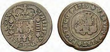 La moneda circulante en los reinos de la Corona de Aragón en el siglo XVIII tras la Guerra de Sucesión de vellón de 4, 2 y 1 maravedíes de facial, con talla de 25, 51 y 102 piezas el marco.