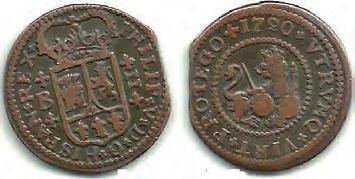 león coronado abrazando dos mundos, la leyenda VTRUMQVE VIRTVIE PROTEGO y la fecha. Figura 2. A la izquierda, Moneda de 4 maravedíes acuñada en Zaragoza en 1719.
