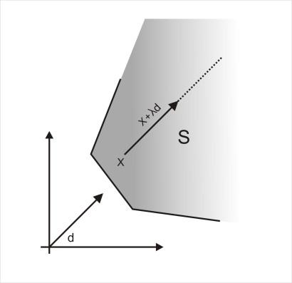 Definición 1.11 Sea S R n un conjunto cerrado y convexo. Un vector d R n, distinto de cero, es una dirección de S si para todo x S se tiene que x + λd S, λ 0. Figura 1.