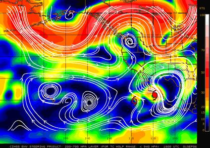 1 de septiembre a las 1800 GMT Se aprecia al huracán John en el borde Suroeste de la circulación de alta presión, situación que