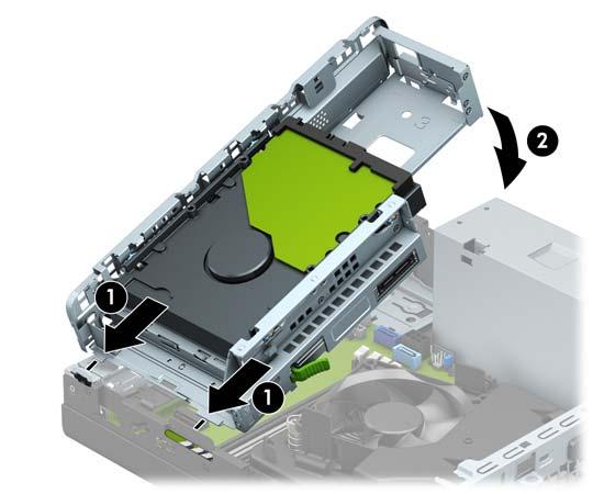 11. Para instalar una tarjeta SSD M.2, inserte las patas de la tarjeta en el conector de la placa del sistema mientras mantiene la tarjeta en un ángulo de aproximadamente 30 grados (1).