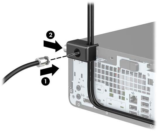 9. Inserte el extremo del cable de seguridad en el bloqueo (1) y presione el