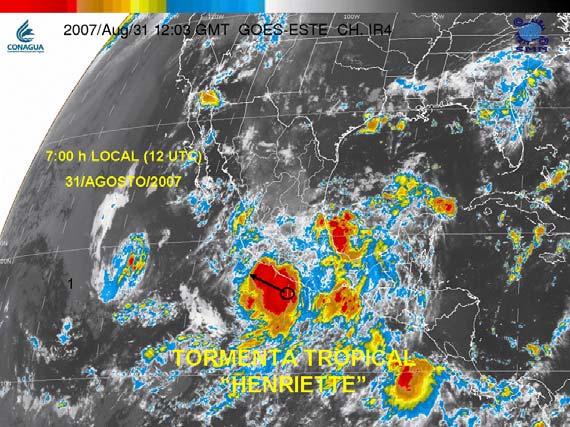 Lámina 2. Desarrollo de la tormenta tropical Henriette al Sur de Acapulco, Gro. Imagen en canal infrarrojo del satélite GOES-E.