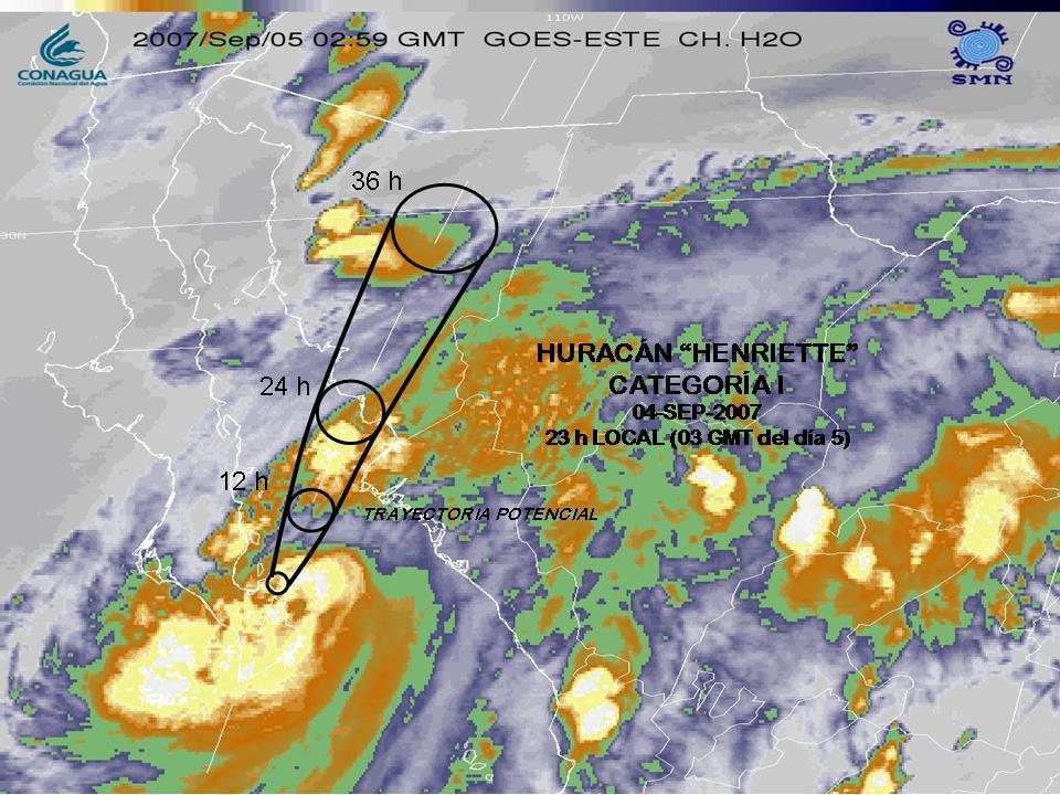 Regresa al mar, en el Golfo de California como huracán categoría 1 Henriette El 4 de septiembre a las 22 horas, Henriette regresa al mar, en el Sur del Golfo de California con vientos máximos