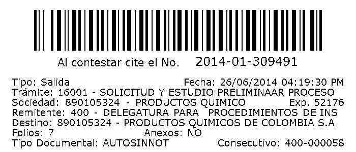 AUTO SUPERINTENDENCIA DE SOCIEDADES. BOGOTÁ D.C. SOCIEDAD: PRODUCTOS QUIMICOS DE COLOMBIA PROQUIMICOS S EN C NIT: 890.105.