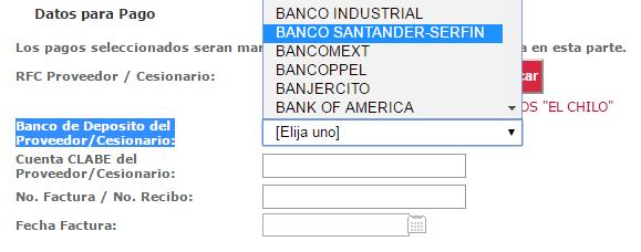 2.- Selección Banco de Deposito del Proveedor/Cesionario: Debe de seleccionar la institución financiera por medio del combo de selección tal como se muestra en la siguiente pantalla. Figura 10.