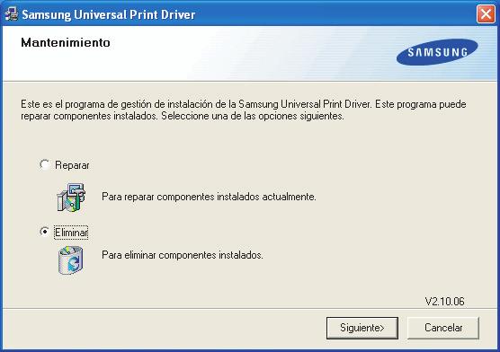 Si el controlador está instalado correctamente, puede buscar Samsung Universal Print Driver en la carpeta Impresoras y faxes.
