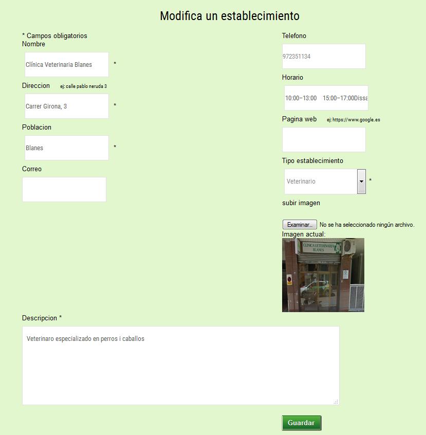 Pàgina modifica o crea establiments: Formulari amb camps validats