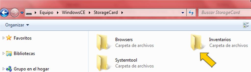 En la PC Usando el Explorador de Windows y teniendo conectada la terminal a la PC, entrar al directorio de la terminal REVO Storage Card/Inventarios, ó en la