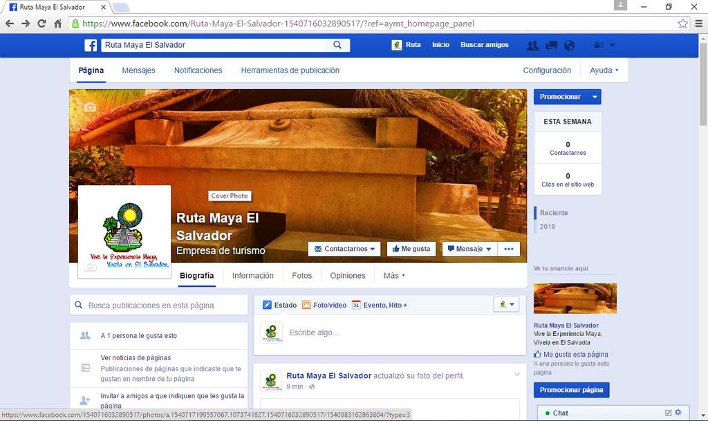 Imagen No.15: Vista previa de la cuenta en Facebook sobre turismo arqueológico de El Salvador.