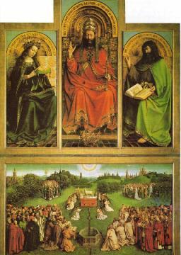 Comentaremos la parte central de retablo (Fig. 1). La tabla inferior representa la adoración del Cordero Místico según el texto litúrgico a su vez inspirado en el Apocalipsis.