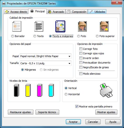 3. Seleccione los ajustes de impresión que desea utilizar como los ajustes predeterminados en todas las aplicaciones de Windows.