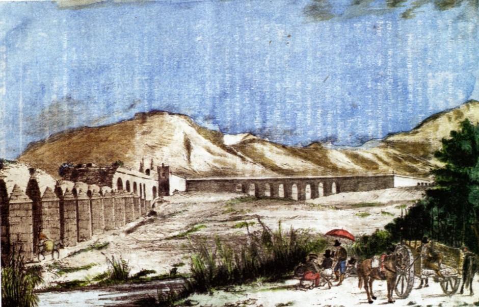 Imágenes: Dibujo de Manuel de Mesa del acueducto de la Fuente del Rey sobre el Guadalhorce "EL Guadalhorce". S. XIX.