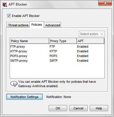 Para activar el APT Blocker debemos Policy Manager> Subscription Services> APT Blocker. Seleccionamos la opcion Enable APT Blocker.