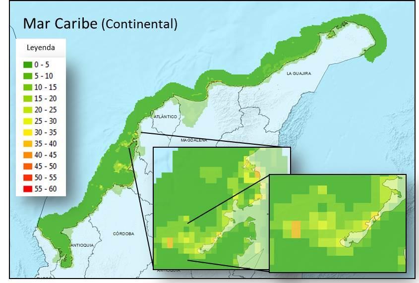 Figura 2.32. Mapa semáforo con las áreas priorizadas para monitoreo en la zona marino costera de la región Caribe colombiana.