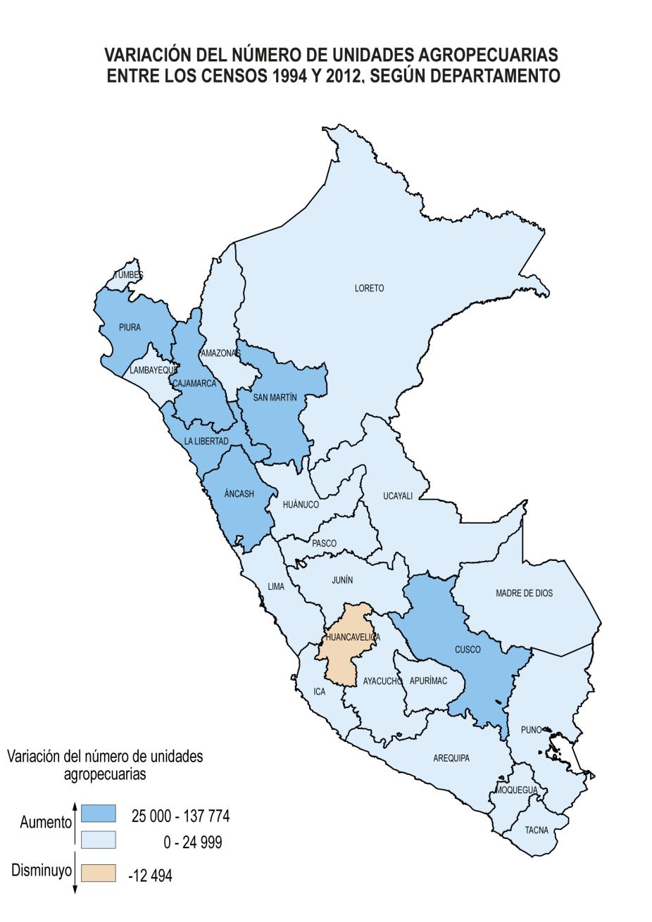 Cajamarca, Áncash, Puno, Ayacucho, La Libertad y Piura presentan el mayor crecimiento de Unidades Agropecuarias entre 1994 y 2012 Tumbes Loreto Piura Amazonas Lambayeque Cajamarca San MarEn La