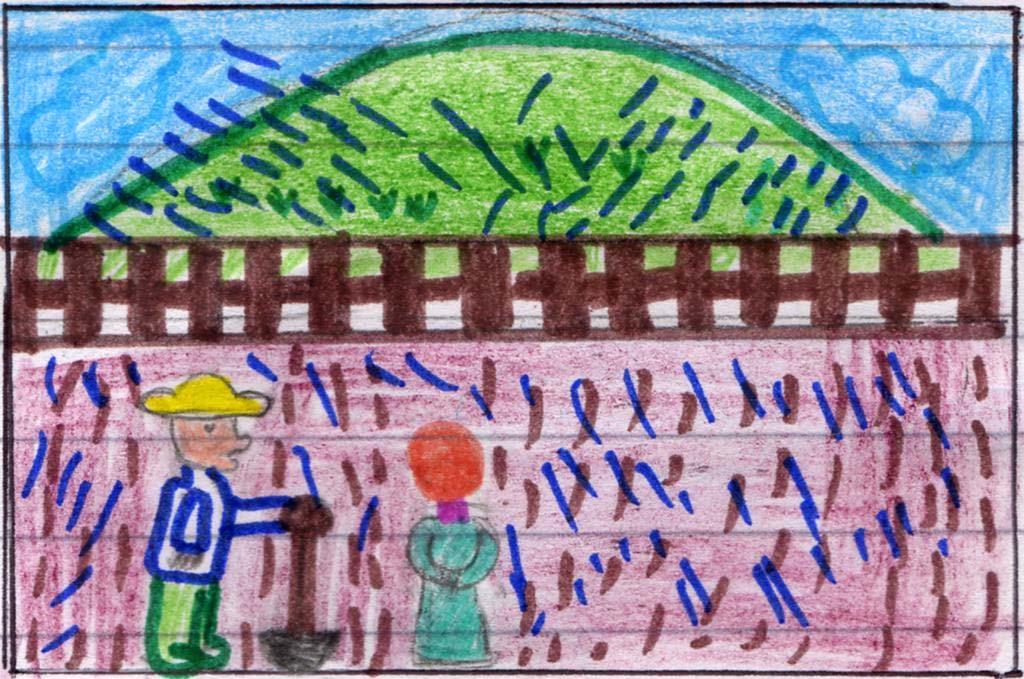 La primera imagen para mí representa que los campesinos están felices porque el señor acabó de plantar y justo empezó a llover, y por eso su cosecha va a crecer.