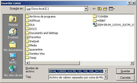 Luego Podrá abrir el archivo Guardado en su PC dándole doble Click. La Nomenclatura del Nombre del Archivo es la siguiente: 2004-08-04_120009_SUC99_192_168_108_24.