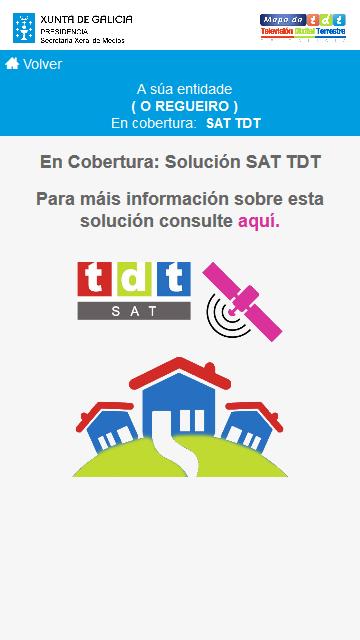 Pantalla de cobertura SAT TDT A pantalla de cobertura organízase en 2 seccións: Información coa entidade de poboación máis próxima á posición facilitada polo móbil e indicación de cobertura de TDT a