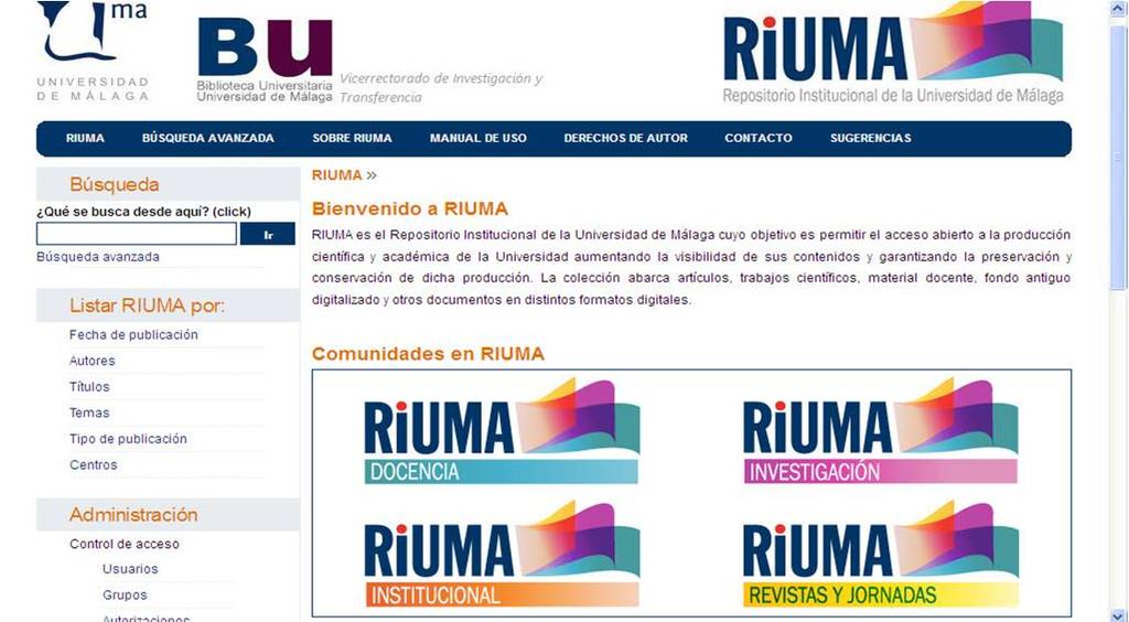 Estructura El contenido de RIUMA se organiza en torno a cuatro depósitos