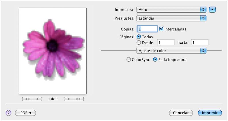OPCIONES DE IMPRESIÓN DE COLORWISE 35 3 Haga clic en Presentación preliminar, seleccione Correspondencia de colores en la lista desplegable y a continuación, haga clic en la opción En la impresora.
