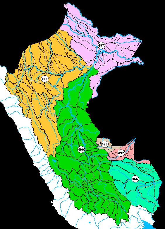 Codificación Pfafstetter en el Perú: La vertiente del Amazonas, se encuentra dentro de la Región Hidrográfica 4 en el nivel 1, continental.