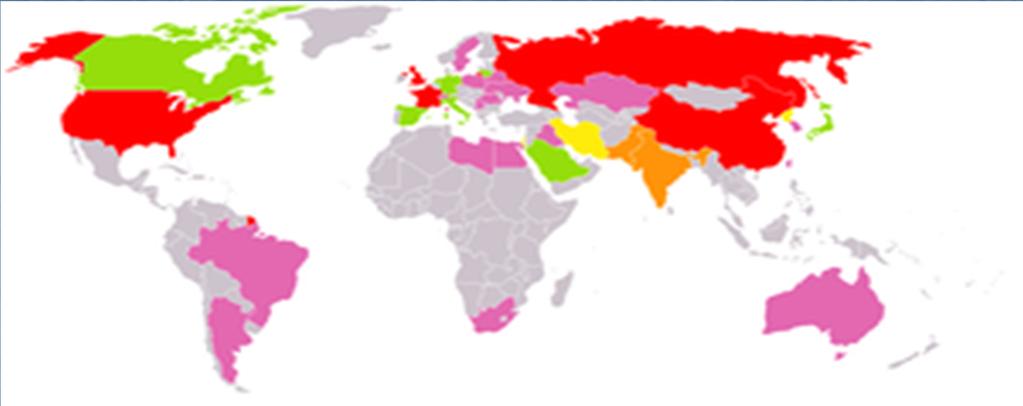 Mapa mundial con el estado de desarrollo nuclear representado por colores: Países con armas nucleares del NPT. Otros países con armas nucleares.