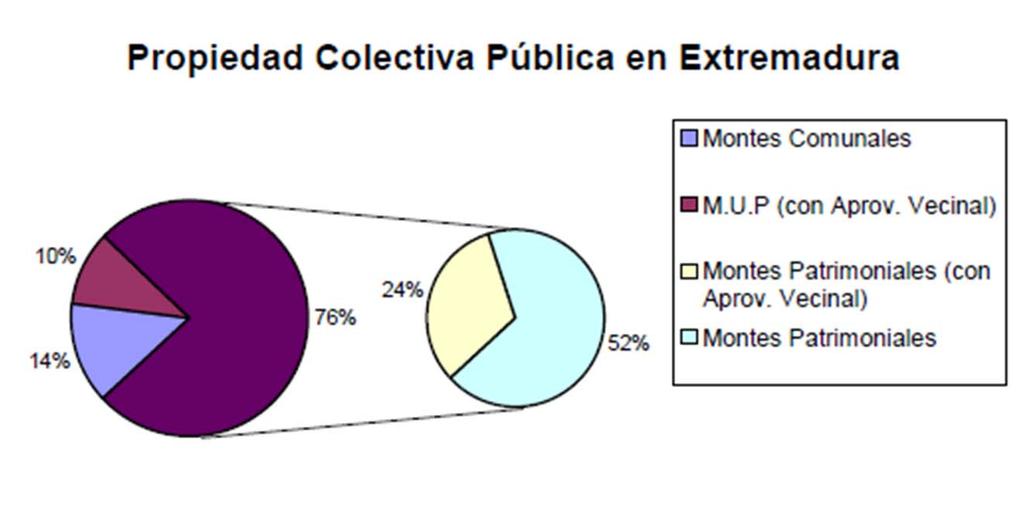 Distribución Propiedad Pública Colectiva en Extremadura Montes Comunales en Extremadura = 51 montes.