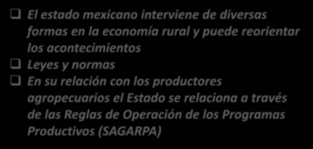 Políticas Públicas El estado mexicano interviene de diversas formas en la economía rural y puede reorientar los acontecimientos Leyes y normas