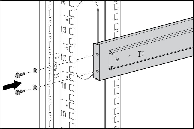3. Fije la parte frontal del conjunto de riel izquierdo del estante deslizante a la parte frontal del armazón del bastidor con dos tornillos alomados M6 x 12 y arandelas externas M6. 4.