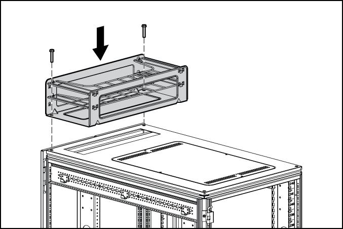 3. Instale la bandeja de sujeción de cables en la parte superior del bastidor utilizando los dos tornillos que quitó en