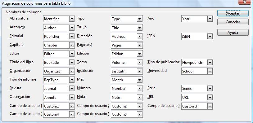 Cambio de detalles de columna Para cambiar los detalles de las columnas en la base de datos bibliográfica, elija el botón Asignar columnas.