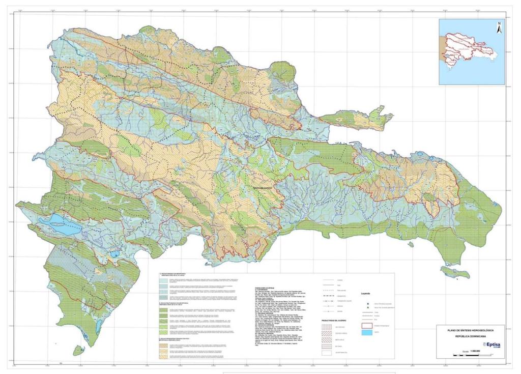 Hidrogeología de Republica Dominicana Acuíferos regionales (Caliza arrecifal cuaternaria, aluvión reciente: 25,462 km2 Acuíferos con extensión reducida: (sedimentos terciarios,