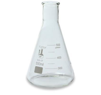 Matraz Erlen Meyer: Material de vidrio que se emplea en el laboratorio para calentar líquidos o preparar soluciones.