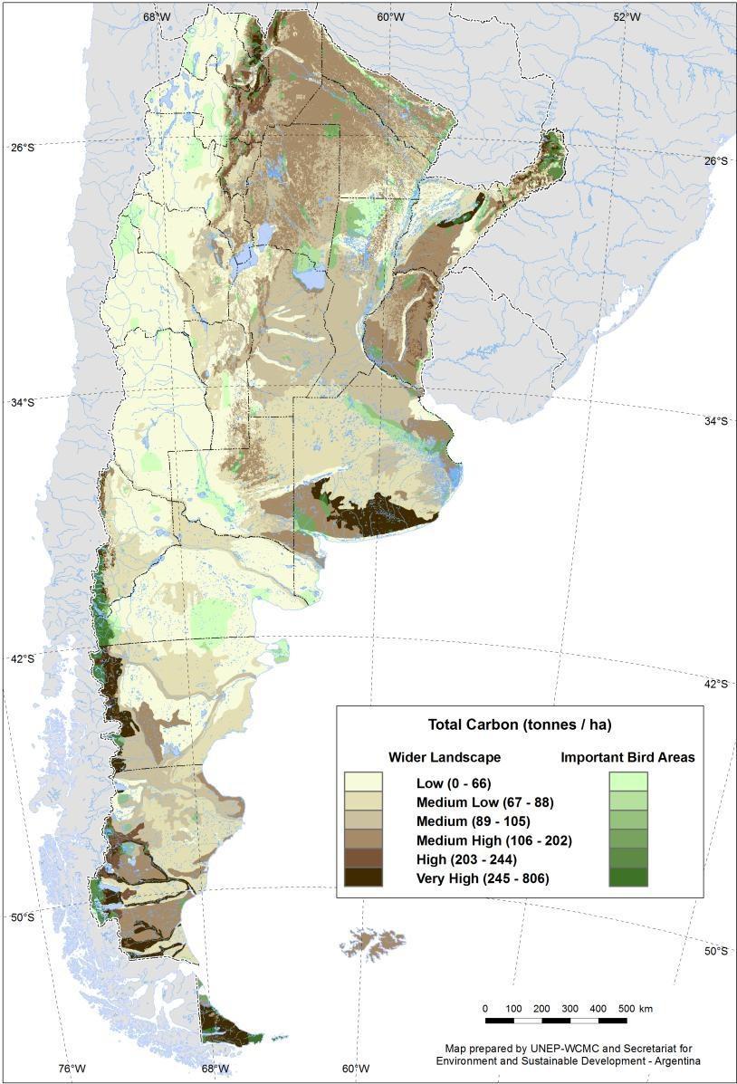 Mapa de distribución del carbono terrestre y áreas de importancia para las aves En Argentina un total de 273 IBAs (Important Bird Areas), cubriendo el 12% de la superficie del país, fueron