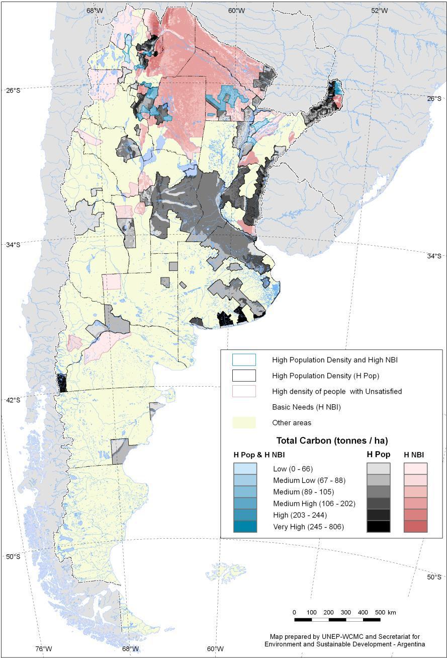 (datos sobre Áreas Protegidas de la UICN de 2010; SIFAP y UNEP 2010) El Mapa muestra cómo la distribución de las reservas de carbono terrestre se relaciona a zonas de densidad de población