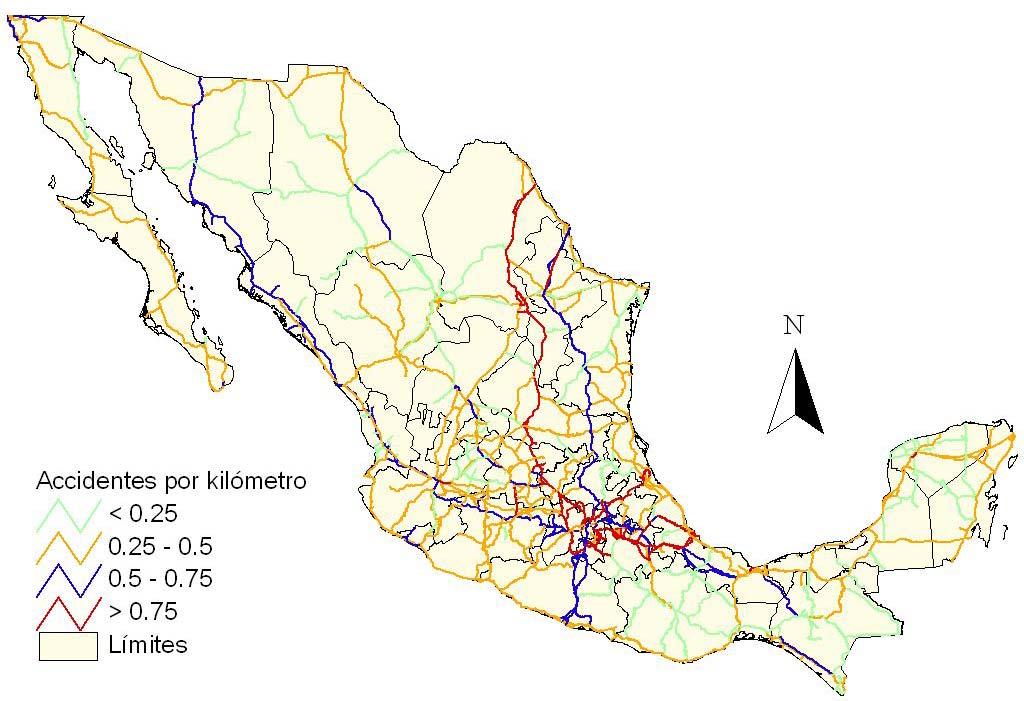 3 Vinculación de la información Figura 3.3 Representación geográfica del número de accidentes por kilómetro a nivel de ruta Figura 3.