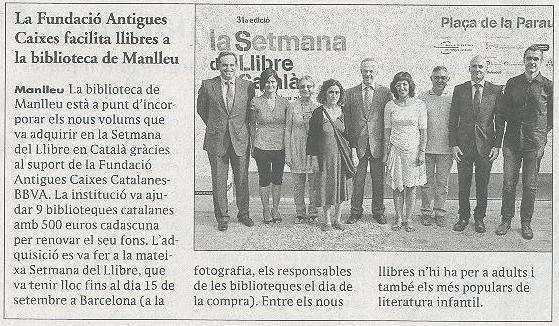 Diari de Manlleu, 10 de juliol de 2013 L Associació Animalista de Manlleu ha donat el seu fons bibliogràfic a la Biblioteca Municipal de Manlleu. Elter.