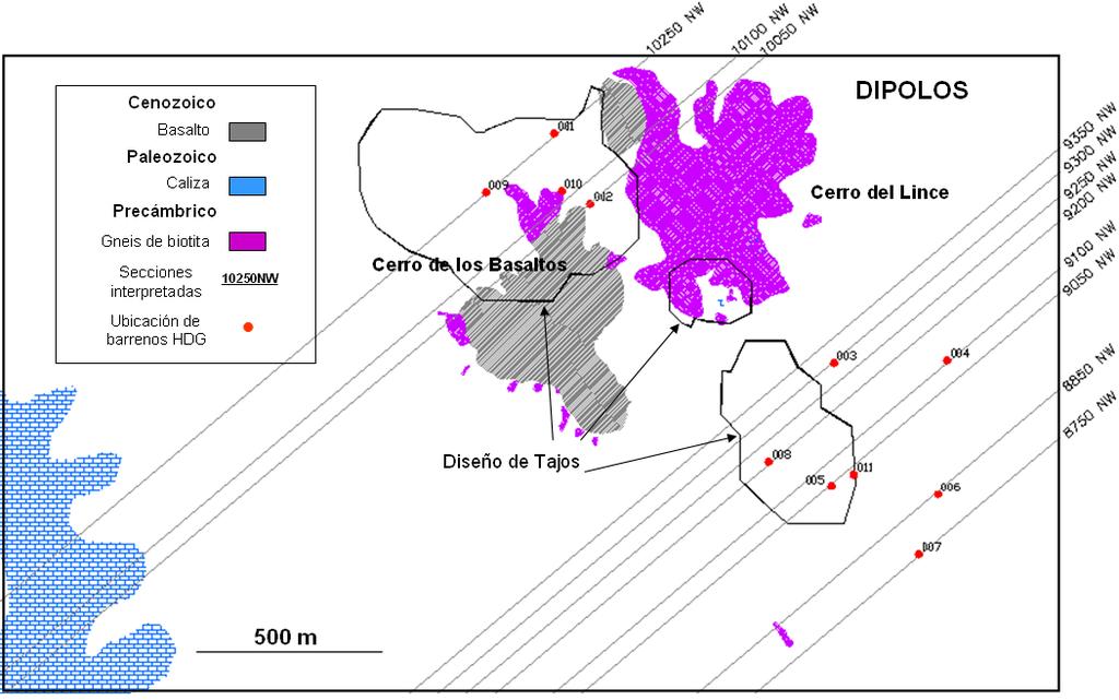 Figura 5 Geología de la zona Dipolos, mostrando la ubicación de secciones y barrenos utilizados para elaborar el modelo geológico y geotécnico de esta zona.