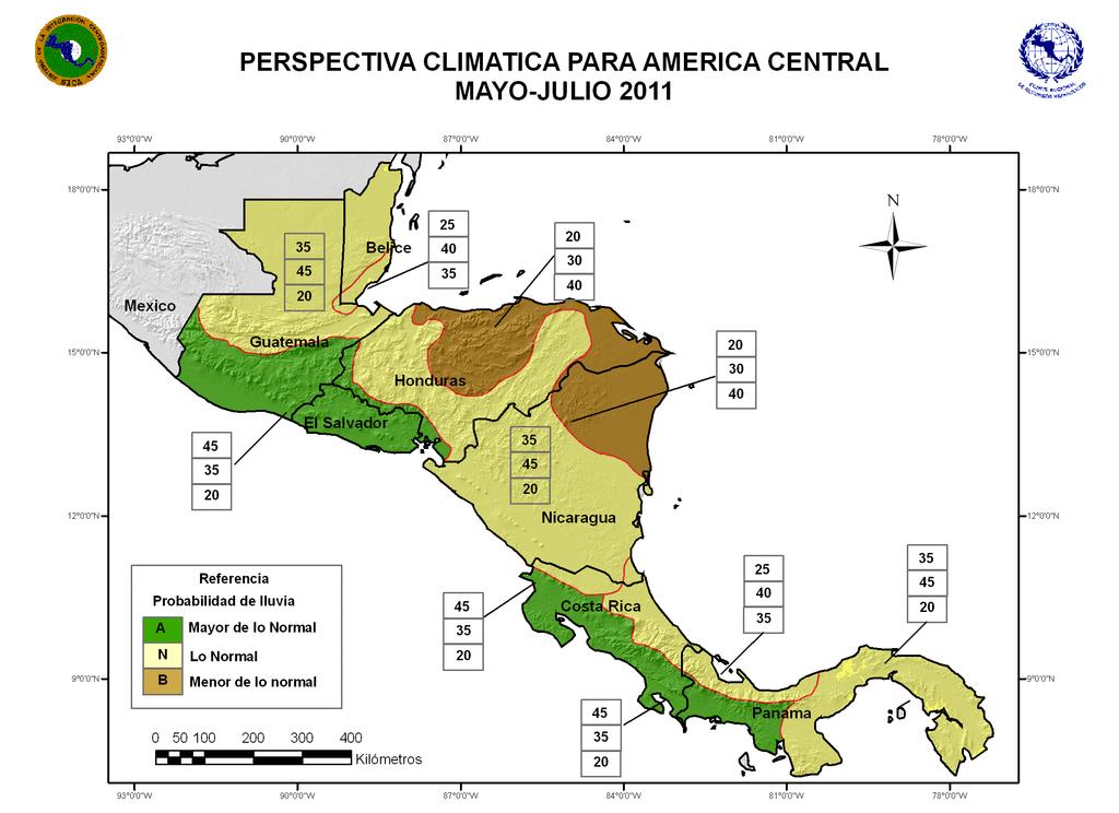 Perspectiva Lluvia Regional de Mayo a Julio de 2011 En la mayor parte de Centroamerica se esperan condiciones de lluvia en el rango de los promedios En el Pacífico Norte y Sur se esperan lluvias