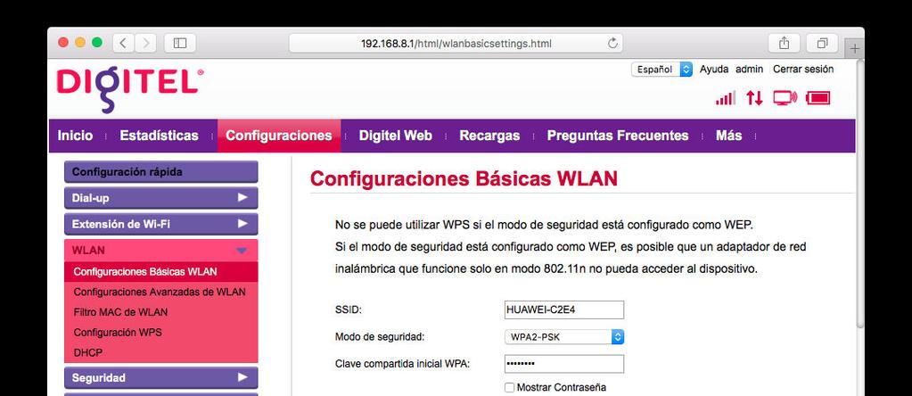 Configuraciones Básicas WLAN Configuraciones > WLAN 1.