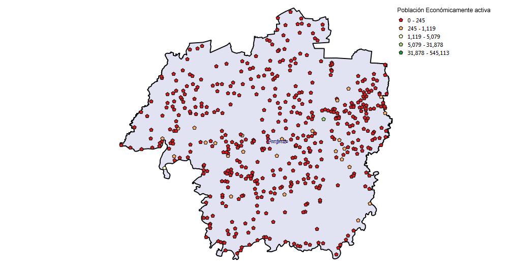 En la Figura 4se observan las localidades por número de PEA del zona de estudio. Figura 4. Localidades con población económicamente activa. Fuente: INEGI 2010.