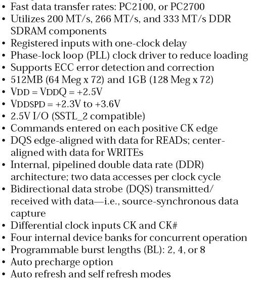 Arreglos : DIMM MT18VDDF12872 128M x 4 128M x 4 La versión de 1Gbyte consiste en 18 Integrados MT46V, c/u de 128M x 4, mas circuitos de soporte de Reloj, Registros y otros.