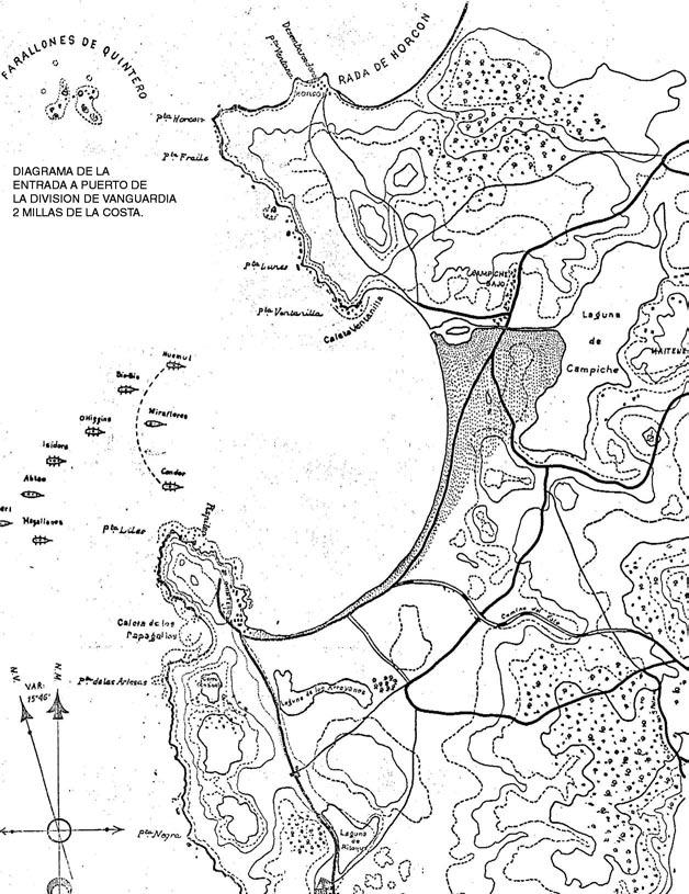 56 Cedric Purcell de la Vega Ver diagrama de entrada a la bahía de Quintero de la División de Vanguardia y a lo ancho. Estaba limpia de minas y torpedos. En tierra no hubo amago alguno de resistencia.